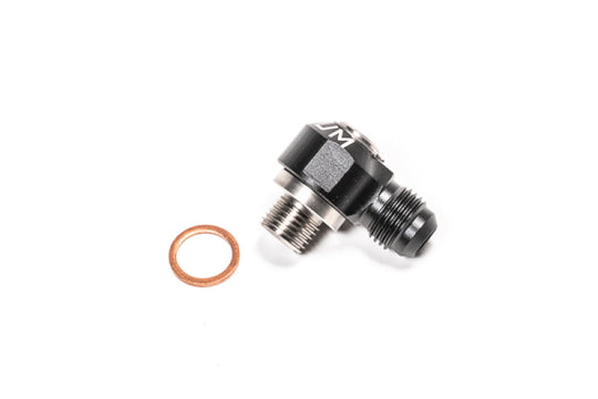 Radium Engineering M12x1.25 swivel banjo fitting to 6AN male connector, automotive fluid fitting with swivel design
