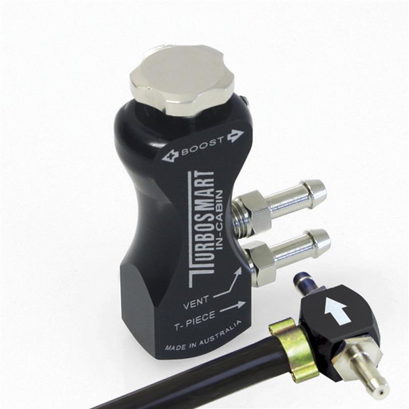 Turbosmart GBCV In Cabin Black boost controller with black control knob and gauge for precise turbo boost adjustment.