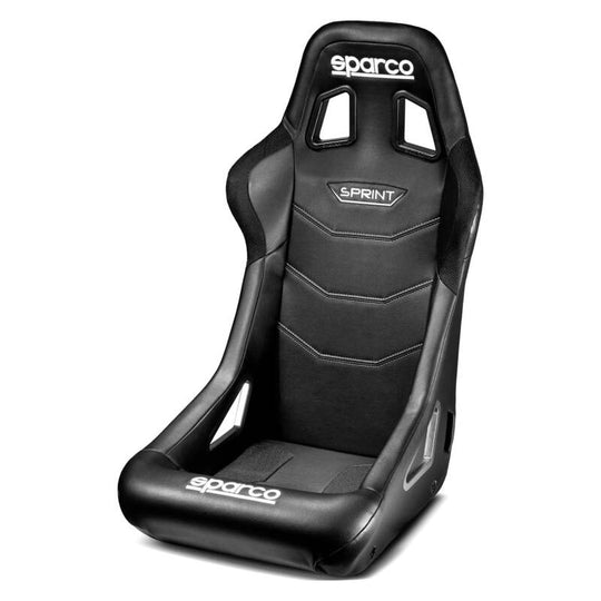 Black Sparco Sprint race seat with racing harness slots, designed for high-performance driving and racing applications.