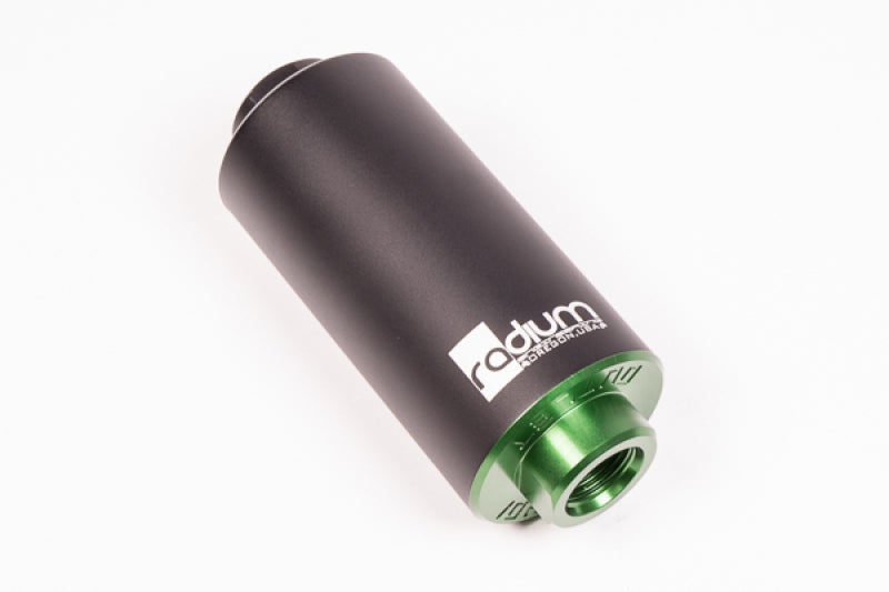 Radium Engineering 6 Micron Microglass Fuel Filter showing the compact, cylindrical filter with metal fittings and microglass element inside.