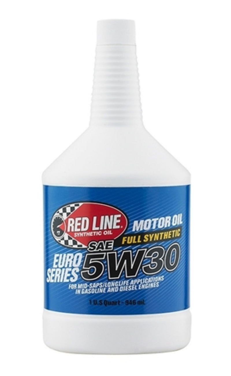 Red Line 5W30 motor oil in a quart container, showing the oil bottle with label for vehicle engine lubrication.