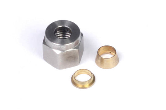 Haltech 1/4-inch nut and brass ferrule used in hardware kits for secure fittings and connections.