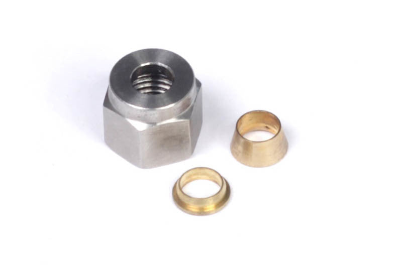 Haltech 1/4-inch nut and brass ferrule from hardware kit, used for plumbing or electrical connections.
