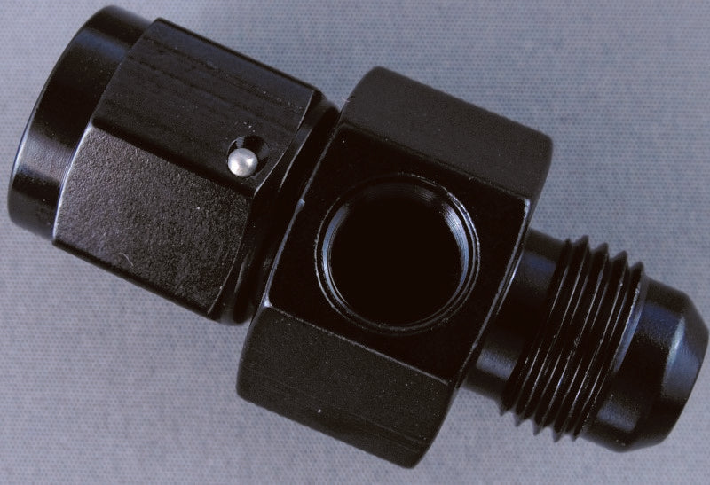 Fragola black -6AN inline gauge adapter with male and female fittings, used for fuel and oil line connections.