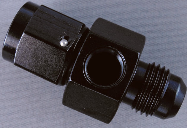 Fragola black -6AN inline gauge adapter with male and female fittings, used for fuel and oil line connections.