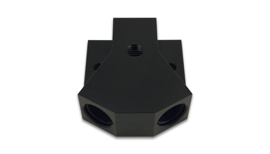 Vibrant billet aluminum Y-block fitting with 1/8in NPT port, -8AN x dual -8AN ORB for automotive fluid connections.