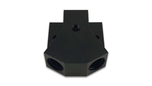 Vibrant billet aluminum Y-block fitting with 1/8in NPT port, -8AN x dual -8AN ORB for automotive fluid connections.