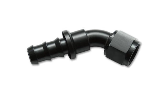 Vibrant aluminum -4AN push-on 45-degree hose end fitting, showcasing the sleek metallic finish and angled design for fuel or oil lines.