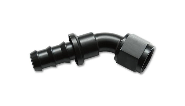 Vibrant aluminum -4AN push-on 45-degree hose end fitting, showcasing the sleek metallic finish and angled design for fuel or oil lines.