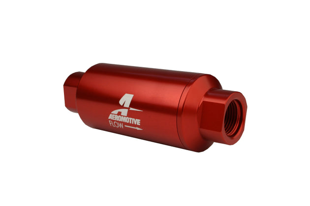 Aeromotive AN-10 inline fuel filter with 40 micron stainless steel element and red anodized finish, designed for automotive fuel systems.