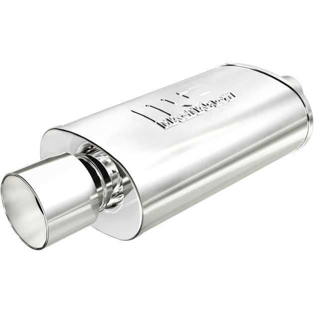 MagnaFlow stainless steel muffler with tip, 14x5x8 inches, featuring 2.25/4 inch inlet and outlet pipes, for vehicle exhaust systems.