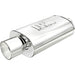 MagnaFlow stainless steel muffler with tip, 14x5x8 inches, featuring 2.25/4 inch inlet and outlet pipes, for vehicle exhaust systems.