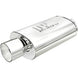 MagnaFlow stainless steel muffler with tip, 14x5x8 inches, featuring 2.25/4 inch inlet and outlet pipes, for vehicle exhaust systems.