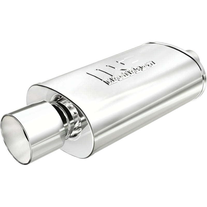 MagnaFlow stainless steel muffler with tip, 14x5x8 inches, featuring 2.25/4 inch inlet and outlet pipes, for vehicle exhaust systems.