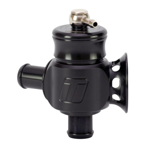 Turbosmart BOV Kompact Dual Port 20mm blow off valve, black with silver accents, mounted on a turbocharger system.