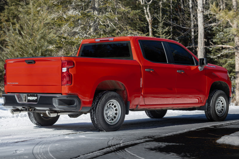 MBRP T304 SS 3-inch Armor Pro cat-back exhaust system installed on 2019+ Chevrolet Silverado 1500 and GMC Sierra 1500 pickup trucks