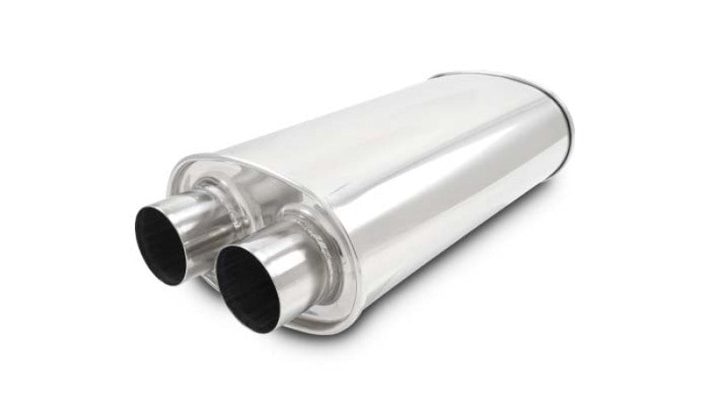 Vibrant Universal Streetpower 3-inch stainless steel dual in-out oval muffler showing polished metal and dual exhaust outlets.