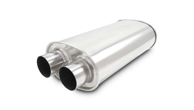 Vibrant Universal Streetpower 3-inch stainless steel dual in-out oval muffler showing polished metal and dual exhaust outlets.