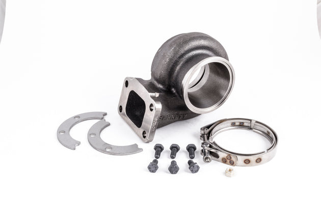 Garrett GT30R turbine housing kit with V-band T3 flange, Ni-Resist construction, showing the turbine housing with V-band clamp and inlet