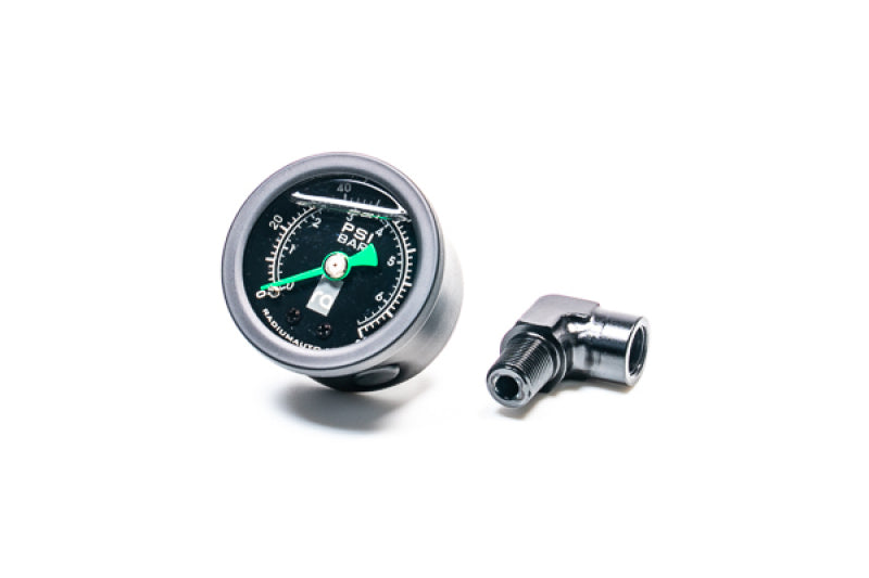 Radium Engineering fuel pressure gauge with 0-100 PSI range and 90-degree adapter, showing the dial and mounting hardware.