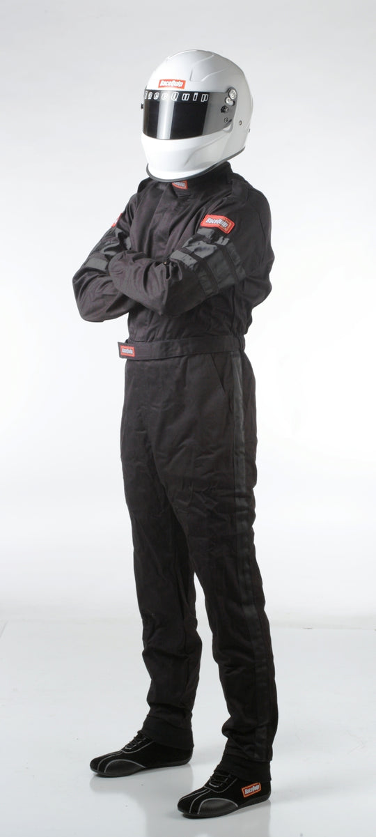 RaceQuip Black SFI-1 1-L racing suit in medium size, made for motorsport safety, featuring durable black fabric and racing design.
