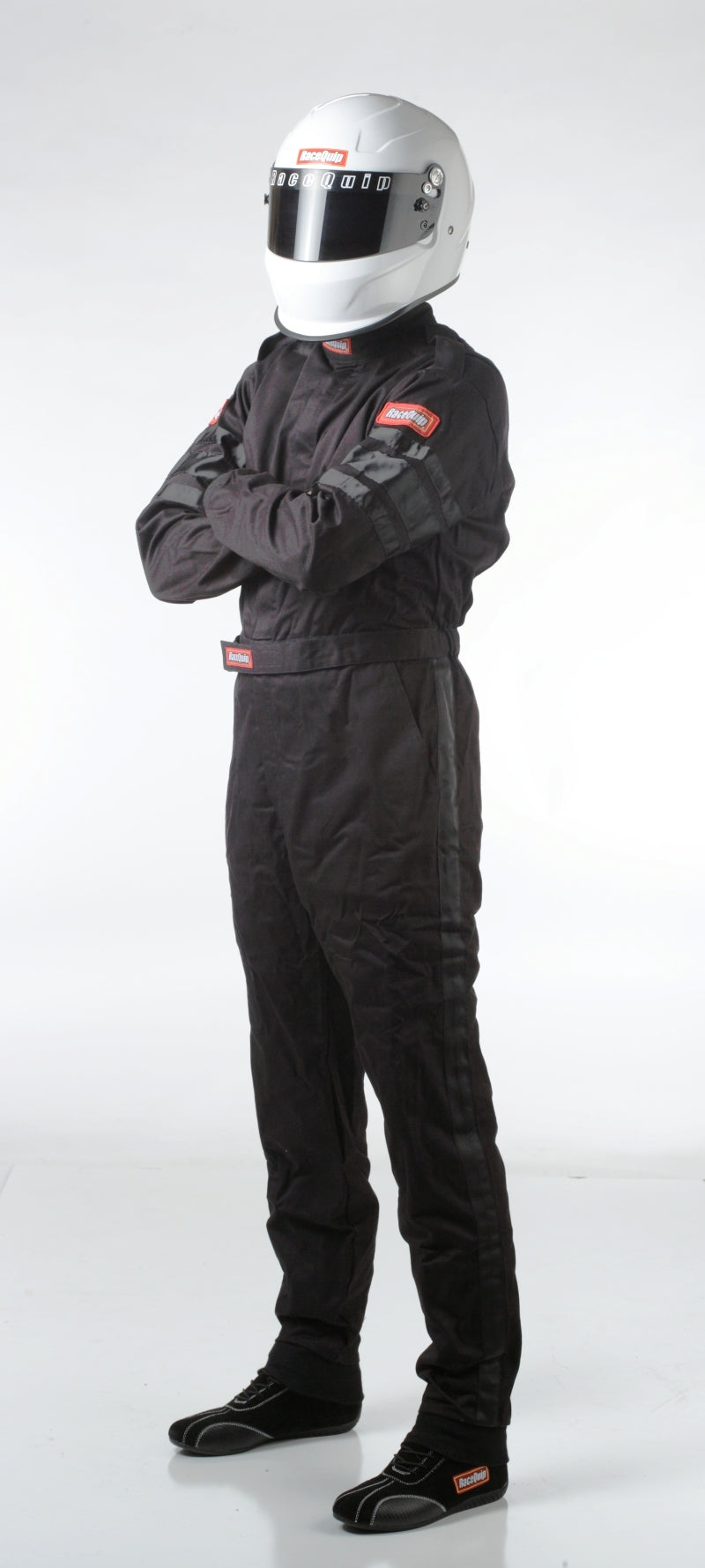 RaceQuip Black SFI-1 1-L racing suit in large size, made of durable fire-resistant fabric, designed for motorsport safety.