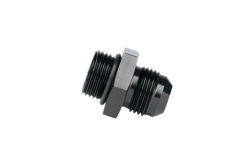 Aeromotive ORB-08 to AN-08 male flare adapter fitting showing metal construction and threaded ends for fuel or oil lines.