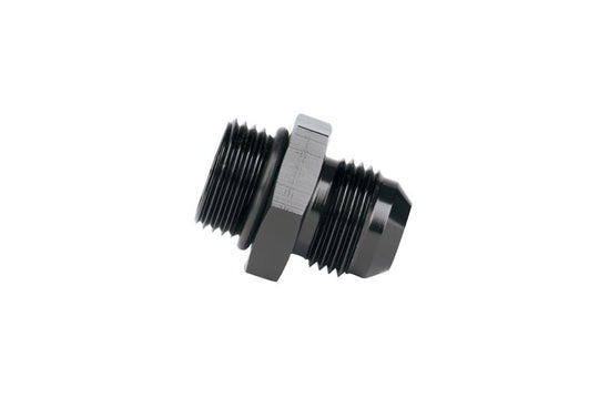 Aeromotive ORB-08 to AN-08 male flare adapter fitting showing metal construction and threaded ends for fuel or oil lines.