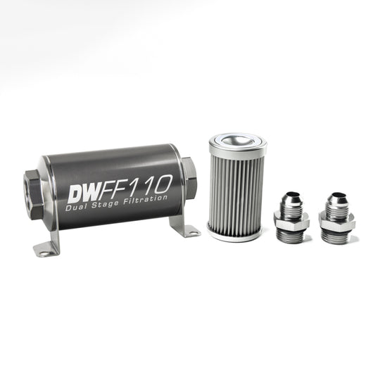 DeatschWerks stainless steel 8AN 10 micron universal inline fuel filter housing kit with fittings and mounting hardware.