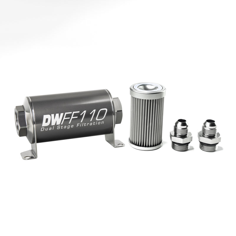 DeatschWerks stainless steel 8AN 10 micron universal inline fuel filter housing kit with fittings and mounting hardware.