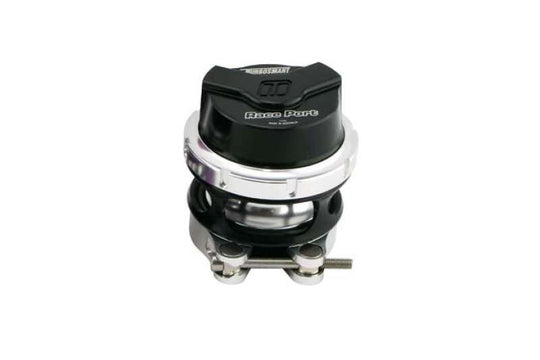 Turbosmart GenV RacePort Black blow off valve with female flange for turbocharged engines, showcasing sleek black finish and venting port.
