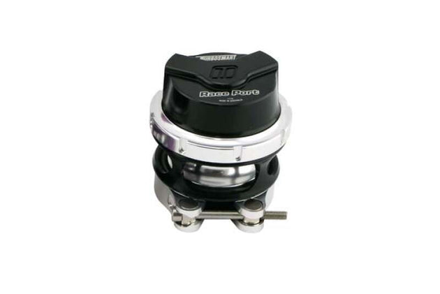Turbosmart GenV RacePort Black blow off valve with female flange for turbocharged engines, showcasing sleek black finish and venting port.
