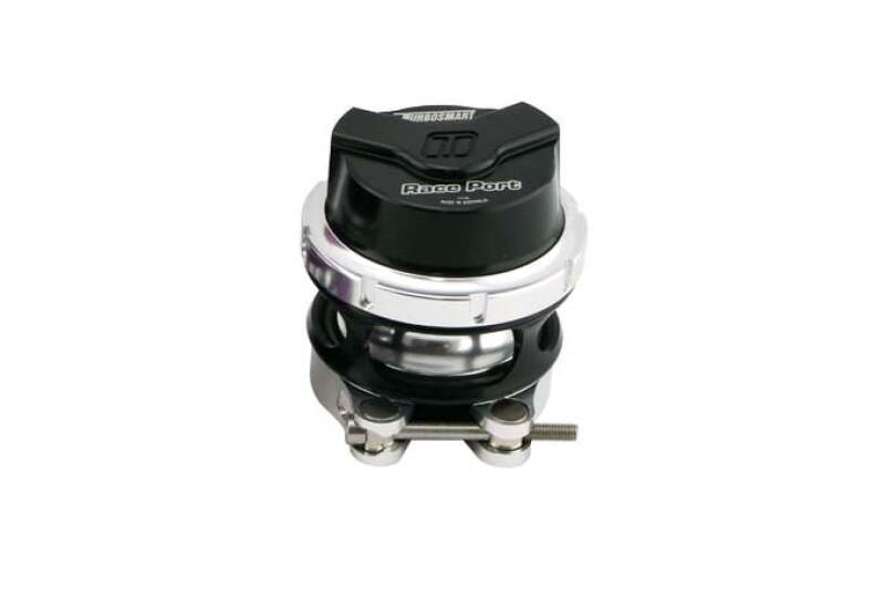 Turbosmart GenV RacePort Black blow off valve with female flange for turbocharged engines, showcasing sleek black finish and venting port.