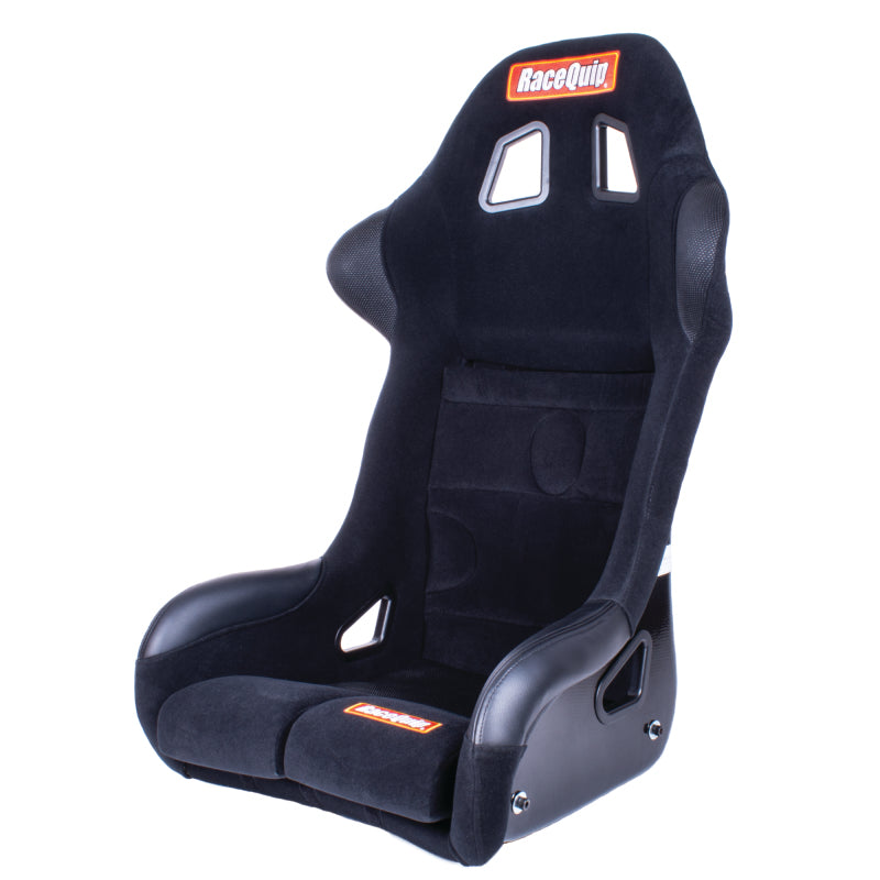 RaceQuip FIA racing seat in XL size, ergonomic design with black upholstery, side bolsters, and racing harness openings.