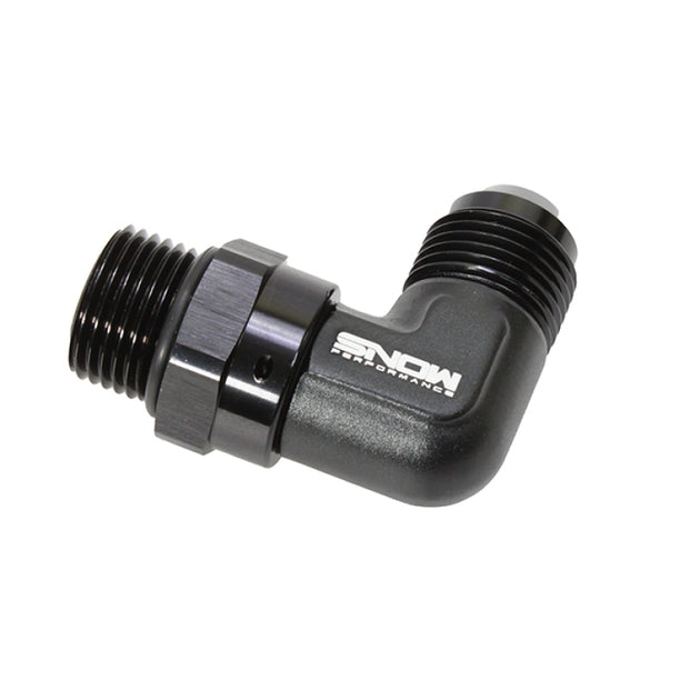 Black Snow Performance Snow -10 ORB to -10AN 90 degree swivel fitting for automotive fluid connections.