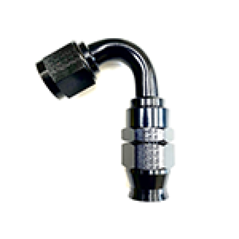Fragola -6AN black street hose end fitting with 120-degree angle for PTFE hoses, designed for high-performance automotive use.