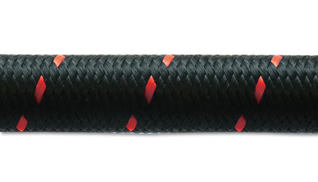 Vibrant black and red nylon braided flex hose, 10-foot roll, two-tone design, durable automotive or industrial hose.