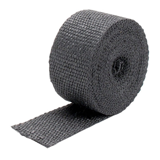 Black DEI Exhaust Wrap 2-inch by 25-foot roll, showing tightly wound heat-resistant material for automotive exhaust systems.