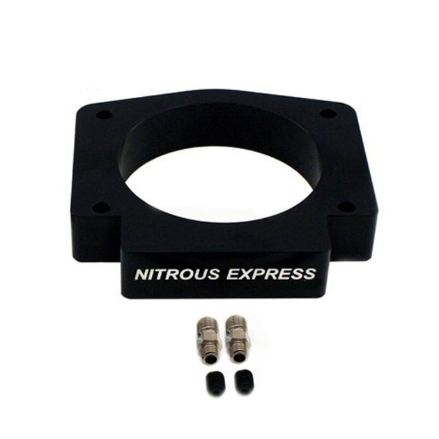 Nitrous Express 102mm 4-bolt LS nitrous plate showing the metallic plate with bolt holes and precise openings for installation.