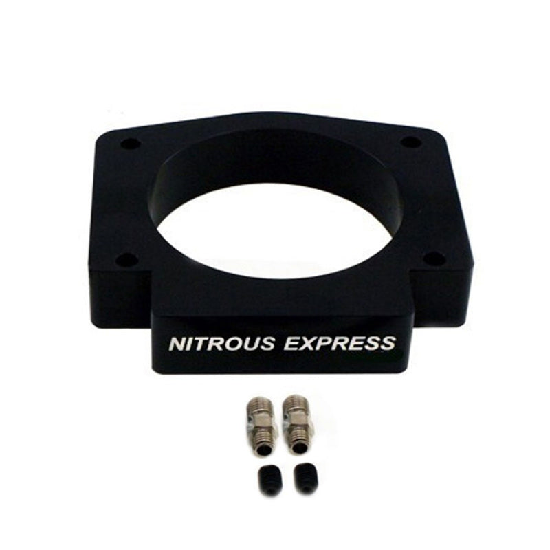 Nitrous Express 102mm 4-bolt LS nitrous plate showing the metallic plate with bolt holes and precise openings for installation.