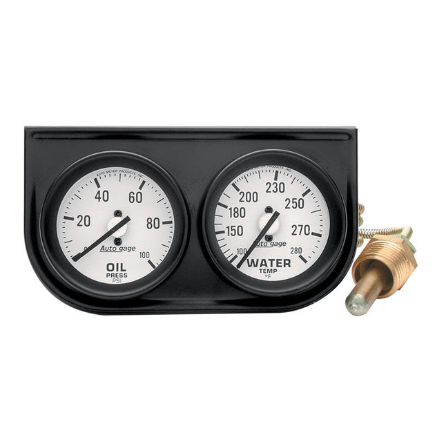 AutoMeter AutoGage two-gauge console with black bezel, displaying 0-100 PSI oil pressure and 100-280°F water temperature gauges