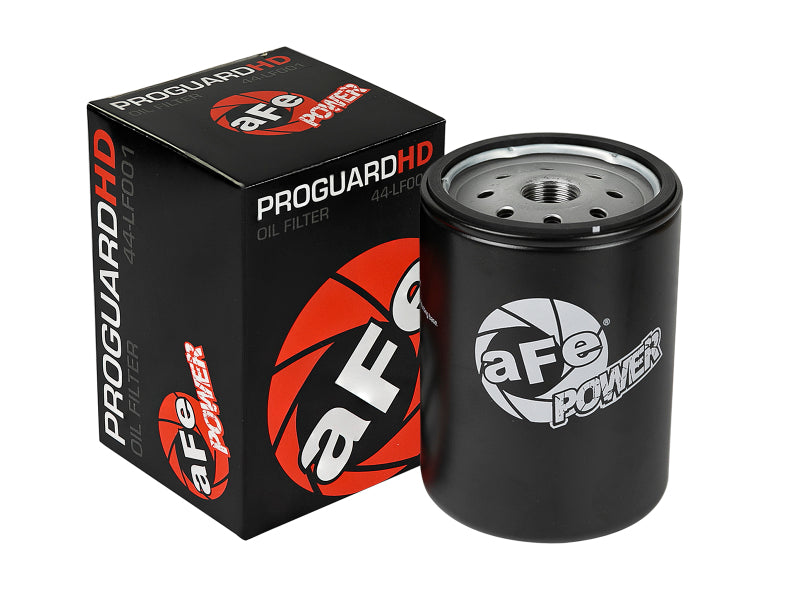 aFe ProGuard D2 Oil Filters for GM Diesel Trucks V8 6.6L, set of 4, shown in image with filter elements and packaging.