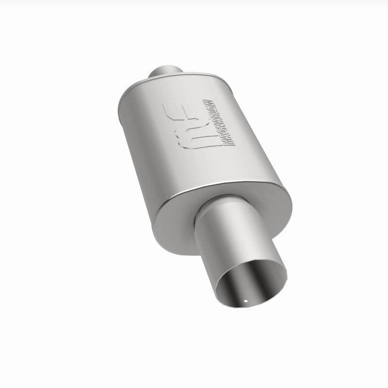 MagnaFlow muffler with chrome tip, model RS 14X5X8, 3-inch diameter, showcasing a sleek automotive exhaust component.