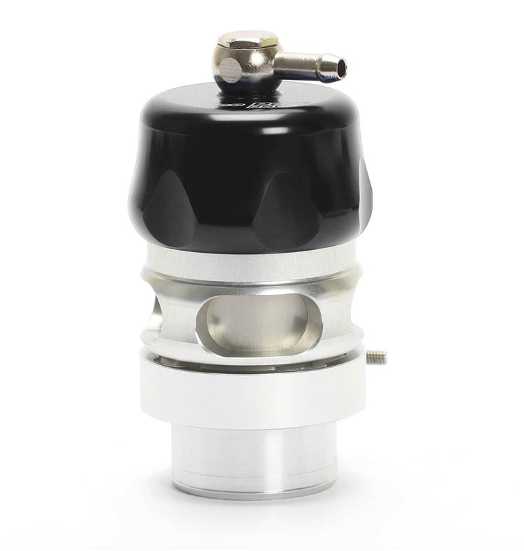 Turbosmart Vee Port Pro black blow off valve installed on a vehicle, showcasing its compact design and matte black finish.