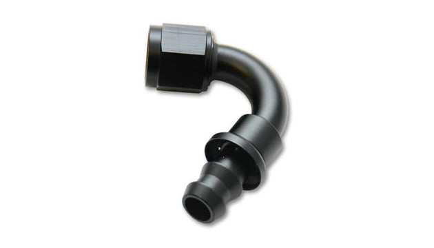 Vibrant 120-degree push-on hose end elbow fitting for -6AN hoses, durable metal construction with vibrant finish.