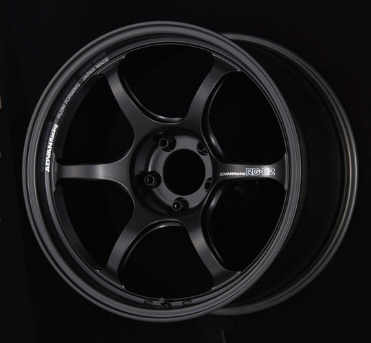 Advan RG-D2 18x9.5 +35 black cast wheel with 5x120 bolt pattern and semi-gloss finish, showing the wheel's design and finish.