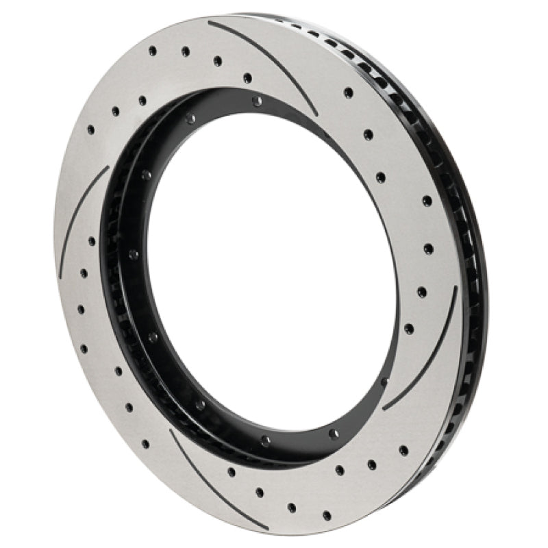 Wilwood 16x1.38 12x10.75 72 Stagg Vane SRP drilled 2-piece performance brake rotor for left side vehicle use.