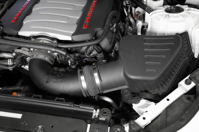 K&N Engineering cold air intake kit installed in a 2016-2019 Chevrolet Camaro V8 6.2L engine, showing the air filter and intake tubing.