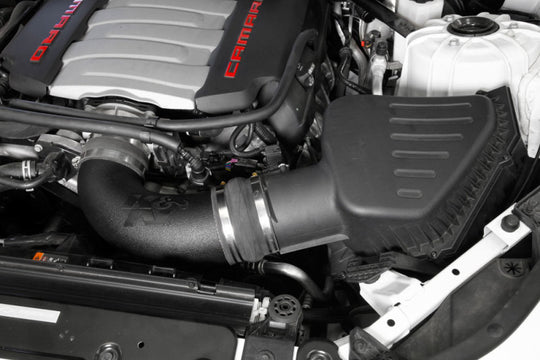 K&N Engineering cold air intake kit installed in a 2016-2019 Chevrolet Camaro V8 6.2L engine, showing the air filter and intake tubing.