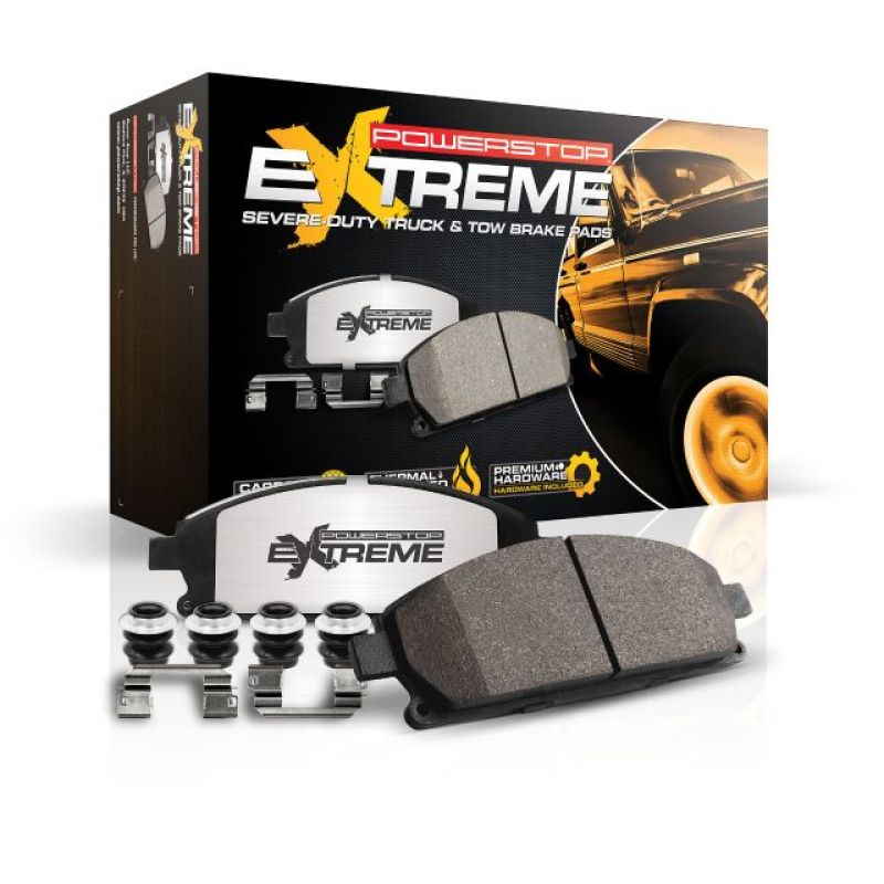 PowerStop 17-19 Ford F-450 Super Duty front Z36 performance truck and tow brake pads with hardware installed on a vehicle.